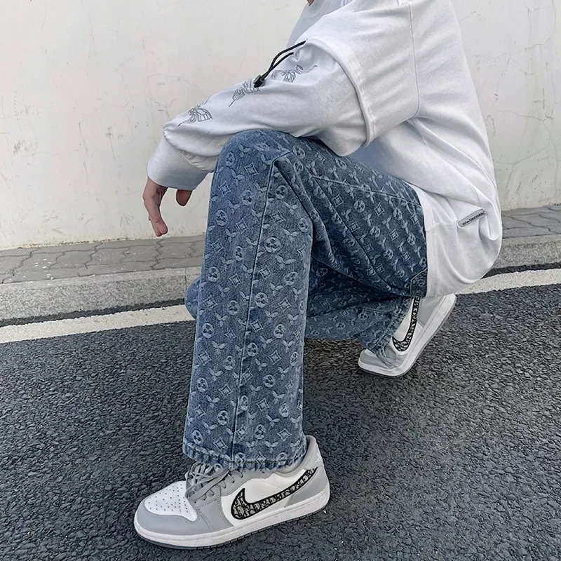 Jeans Mens 2023 Straight Lift Pattern Loose Wide Leg Casual Boyfriend Pants Men Clothing INS 241028