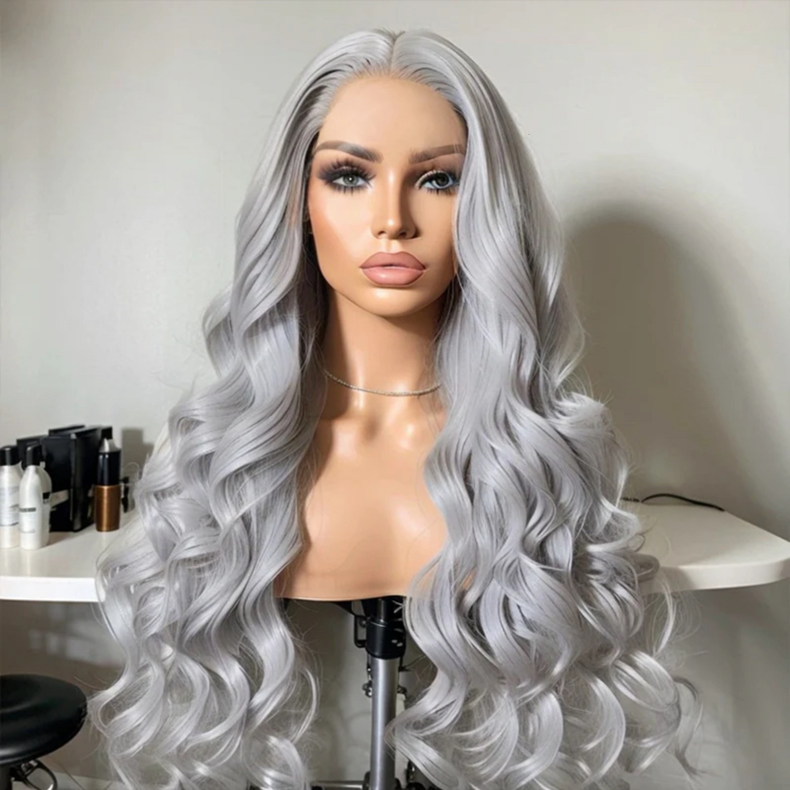 Loose Synthetic Sier Front Wig Glueless Long Grey Curly Hair Lace Frontal Wigs for Women
