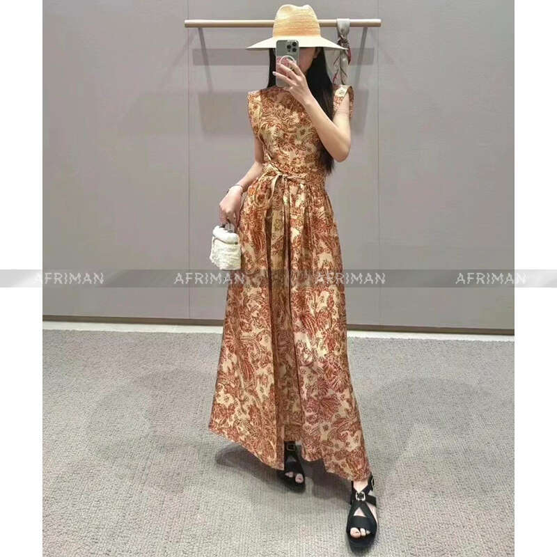 Women Vacation Style Ink Painting Orange Fragmented Wer Long Silk Dress With Belt