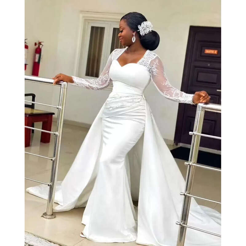 Lace Long Sleeve Mermaid Wedding Dresses 2022 African Plus Size Aso Ebi Sweetheart Stain Bridal Gowns Vestidos De Novia