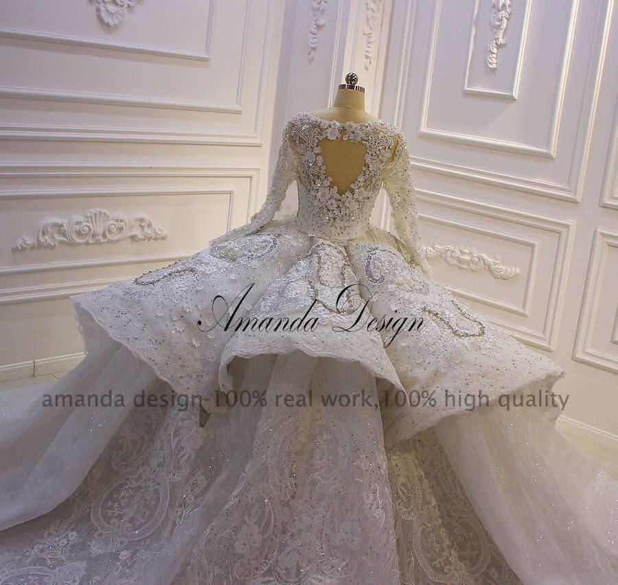 Amanda Design robe de mariee courte Long Sleeve Crystal 3D wers Royal Wedding Dress