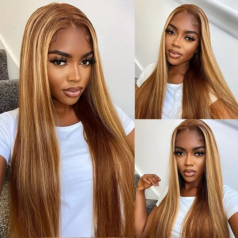 5x5 Highlight Glueless P4/27 Straight Front Human Hair Wigs Pre Cut Honey Blonde Colored 13x6 Lace Frontal Wig