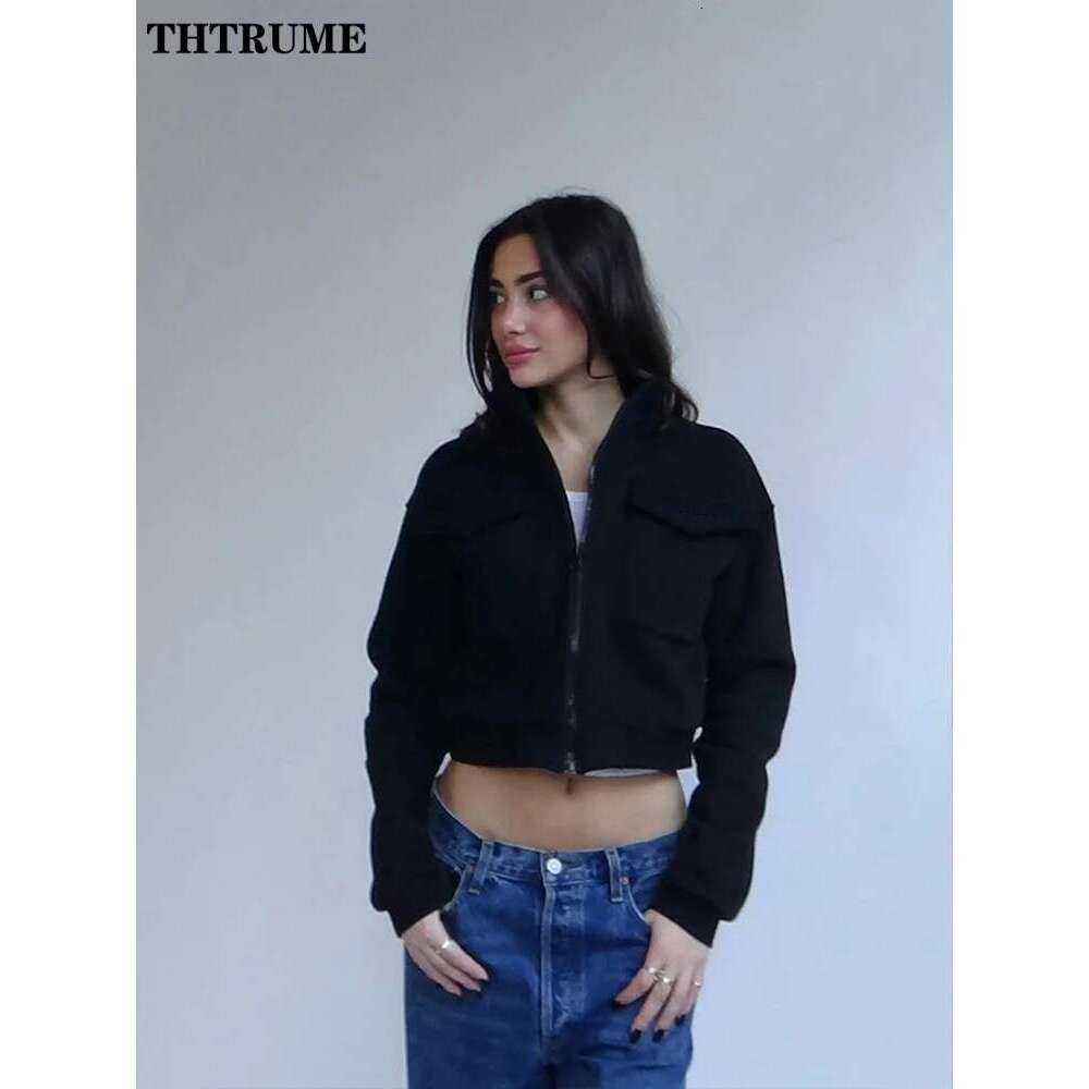 Elegant Solid Pocket Jackets For Women Fashion Autumn Long Sleeve Zipper Lapel 2024 New Coats Casual Streetwear Vintage Outwear