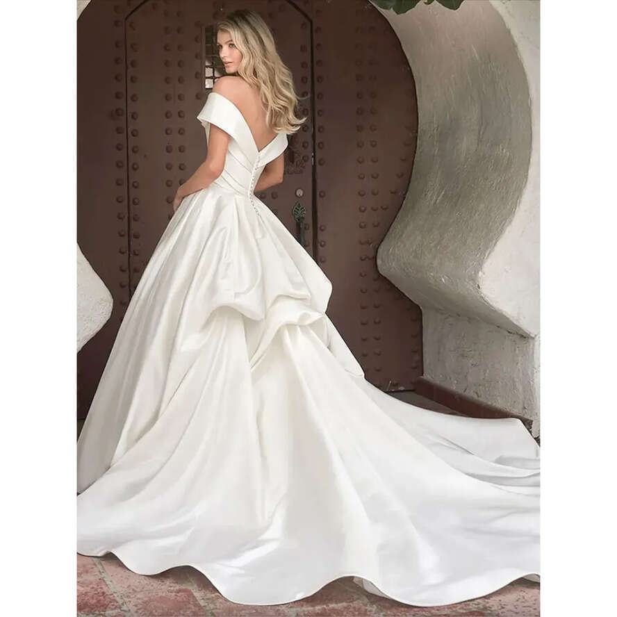 Off Vintage Shoulder A E Wedding Dresses For Brides Simple Satin Elegant Pleated Boho Garden Bridal Gowns Long Court Train Drapped Second Reception Dr