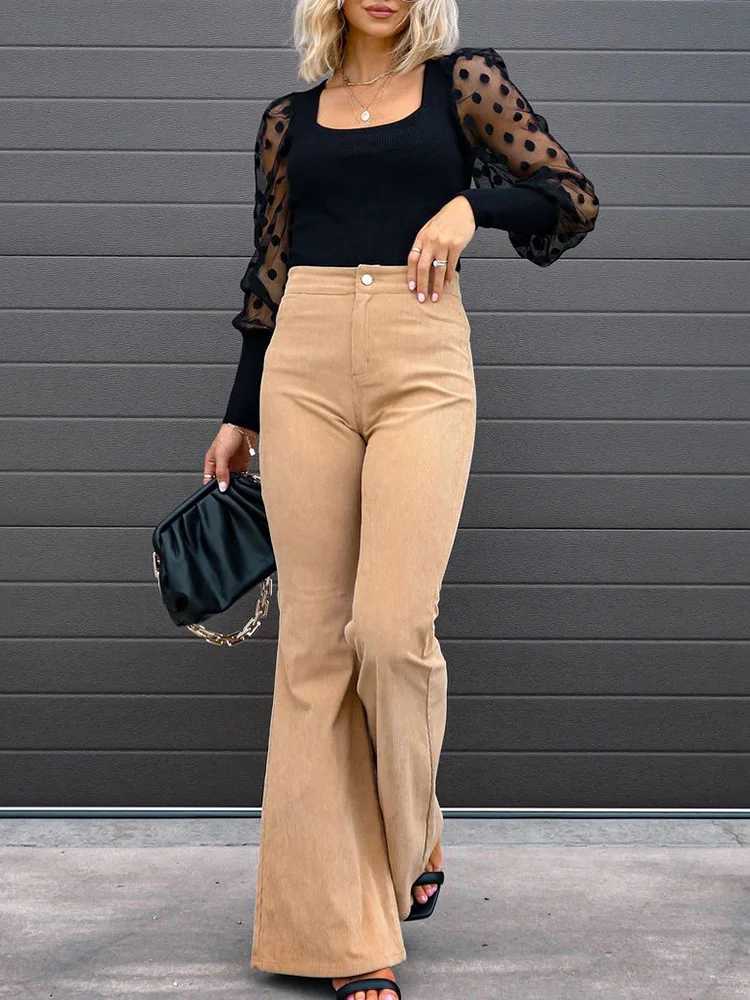 2022 Corduroy Trousers All Season Women Solid Button Fly Pocket Loungewear Slim Fit Ladies Flare Pants Streetwear DropshippingX241028