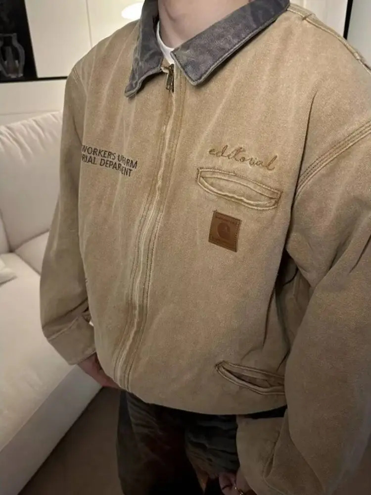 Vintage Letter Embroidery Cargo Jacket Mens Retro Casual Loose Autumn Winter Lapel Spliced Long Sleeve Outerwear Men 241025