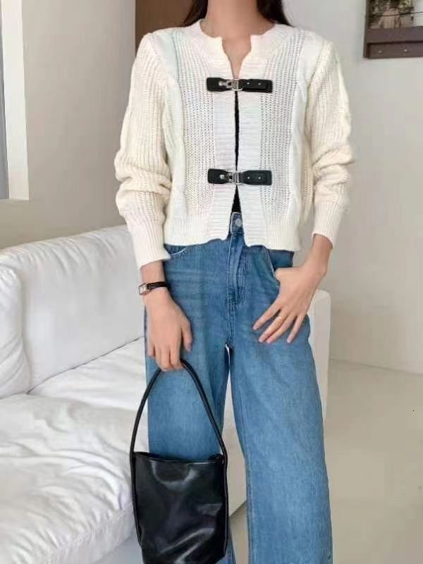 Korean Style Design Leather Buckle Sweater Jacket Women Autumn Winter New Style Personalized And Trendy Round Neck Knitted Cardigan For Women F1028#38