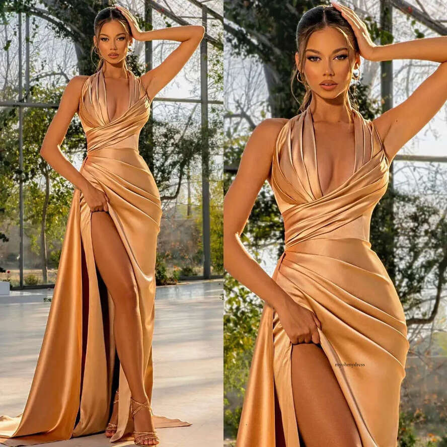 Elegant Champagne Gold Evening Dresses Pleats Halter Party Prom Split Long Dress For Special Ocn 0515