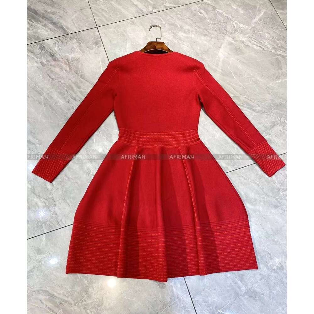 Women Hollow Out Waist V Neck Long Sleeve Ball Gown Knitted Mini Dress