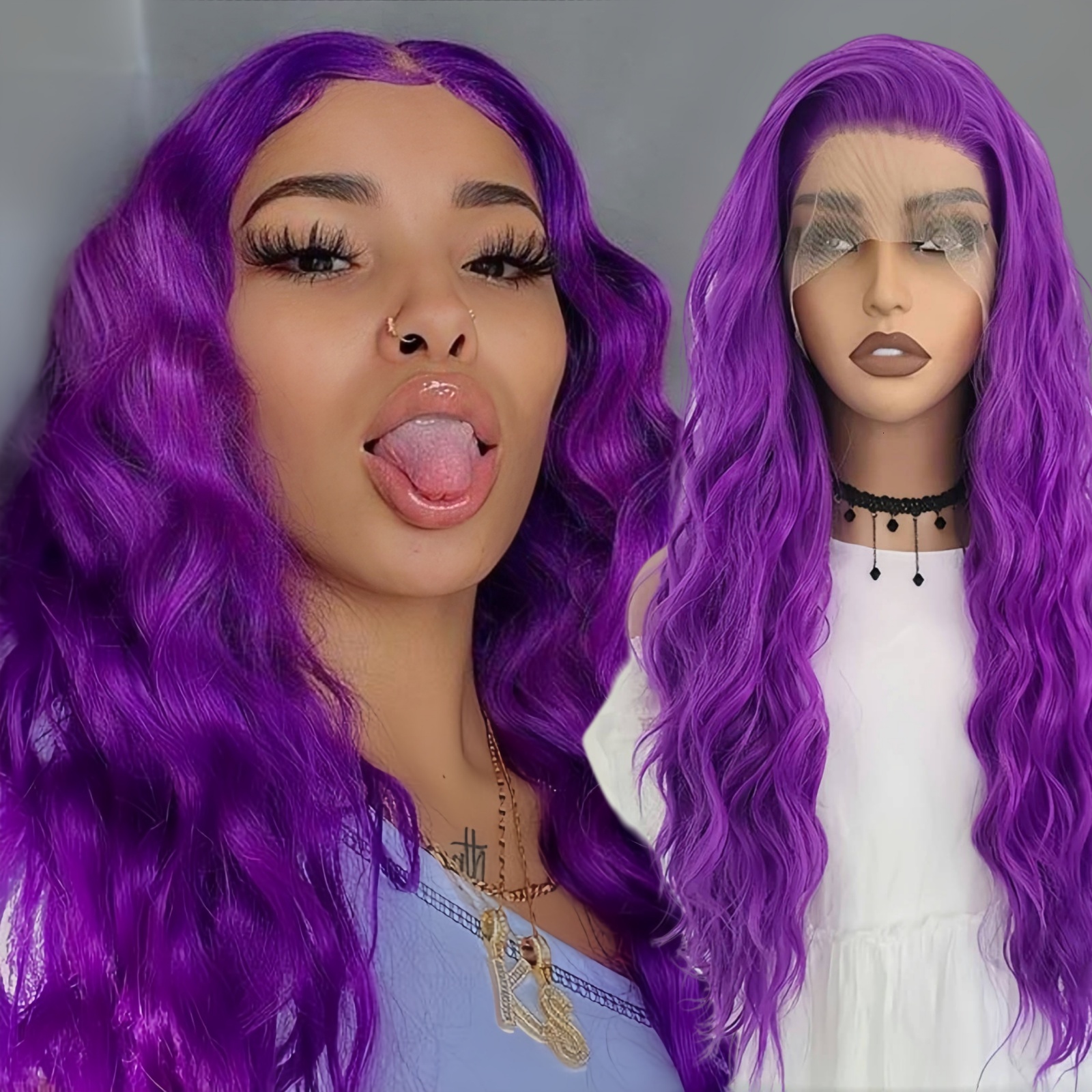 Purple Deep Wave Synthetic Long Curly Wavy Front Wig Natural Colored Hair 13X4 Lace Frontal Wigs for Women Party