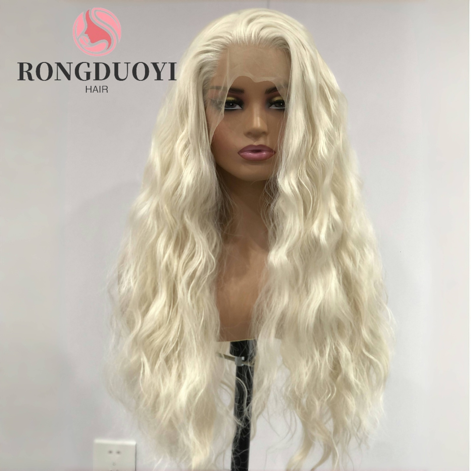 Platinum Blonde Long Curly Synthetic Lace Front Wig Natural Wavy Deep Wave White Blond Colored Hair 13X4 Frontal Wigs for Women