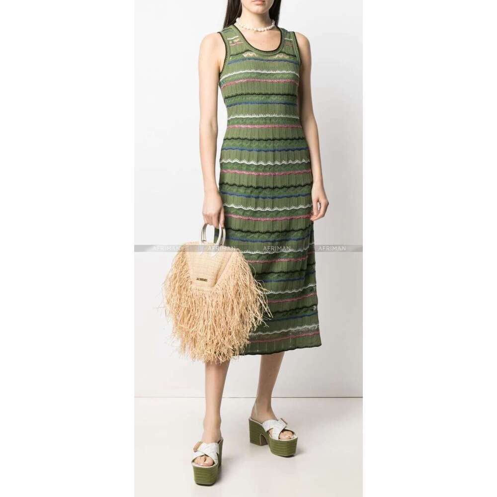 Women Round Neck Sleeveless Wave Striped Green Knitted Midi Bodycon Dress