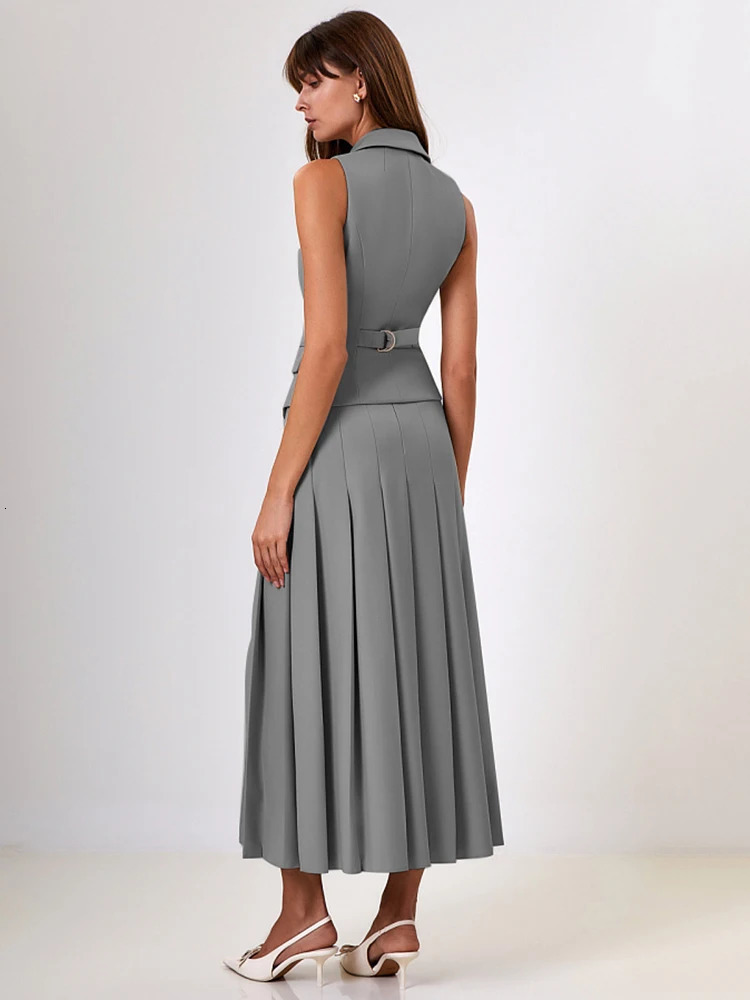 Fantoye Notched Collar Pleated Two Piece Set Women Blazer Suit Single Breasted Vest High Slit Skirt Autumn Elegant Skirt Set 241028