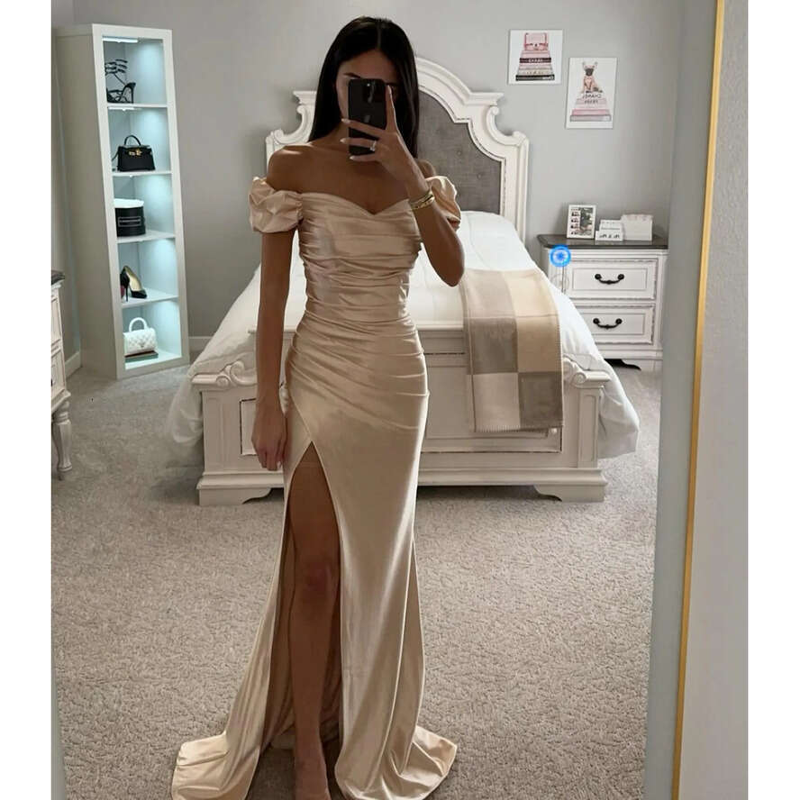 Light Champagne Prom Off Shoulder Satin Evening Elegant Pleats Split Formal Long Special Ocn Party Dress Promdress Robe De Soiree 0515