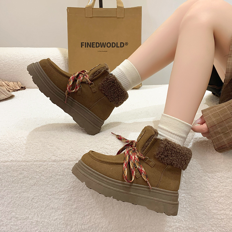 Women Fashion Boots:Thick Sole Snow Boots Winter Fleece Warm New Trendy British Style Lace Up Versatile,Light Tan/Khaki/Beige,Free shipping