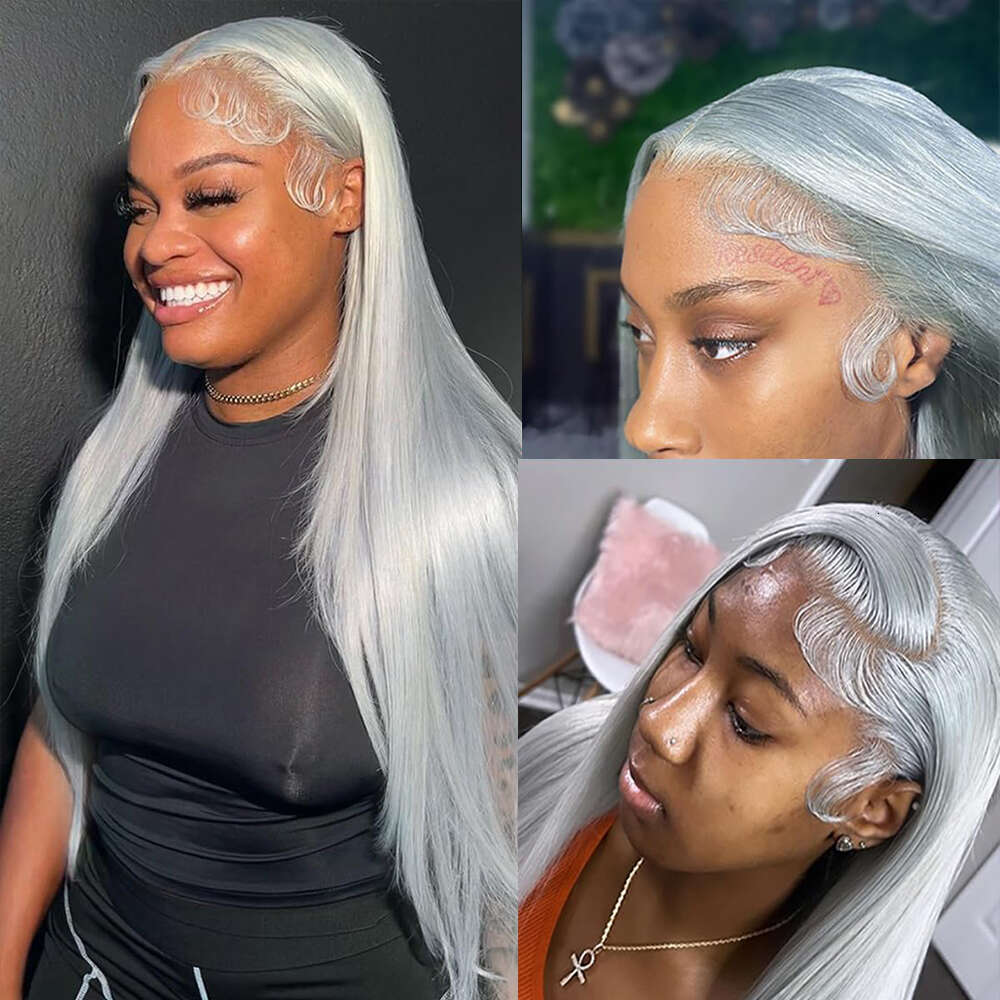Silver Gray Colored x Lace Front Human Hair Wig Remy Brazilian Bone Straight Wigs For Women Ash Blonde