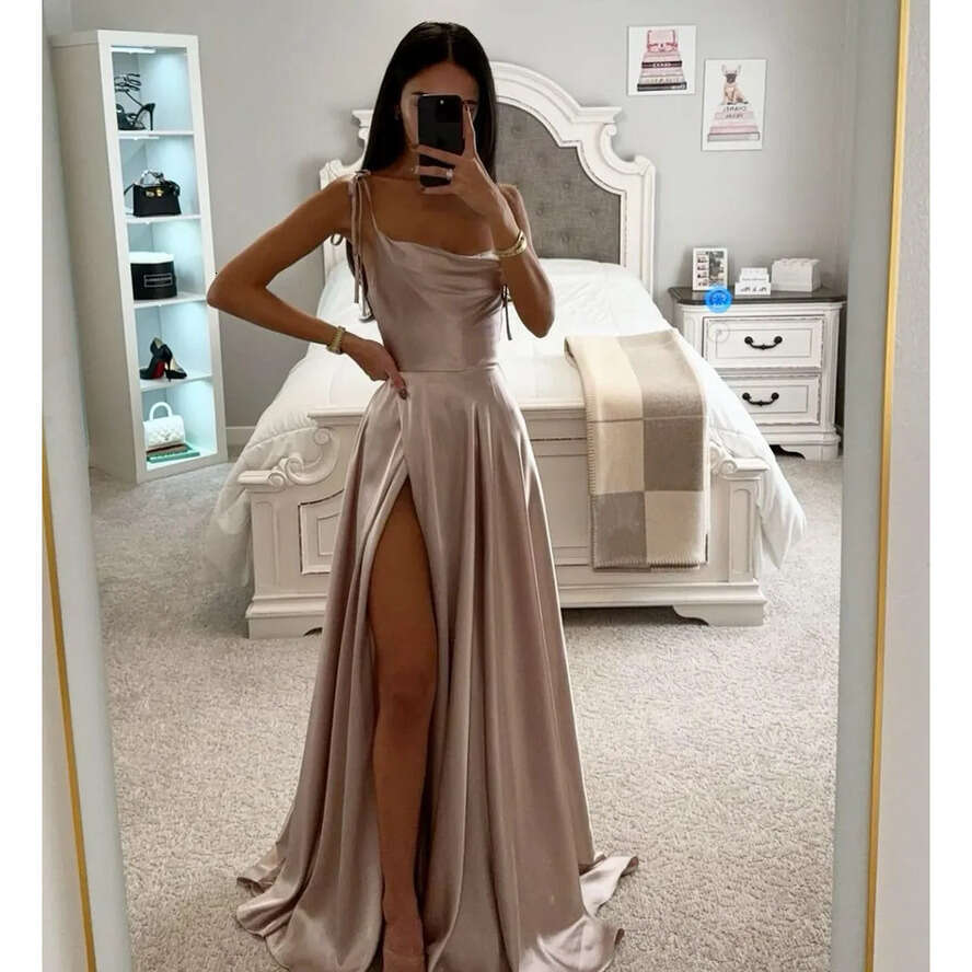 Rosy Gold Prom Straps Satin Evening Elegant Pleats Split Formal Long Special Ocn Party Dress Robe De Soiree 0515
