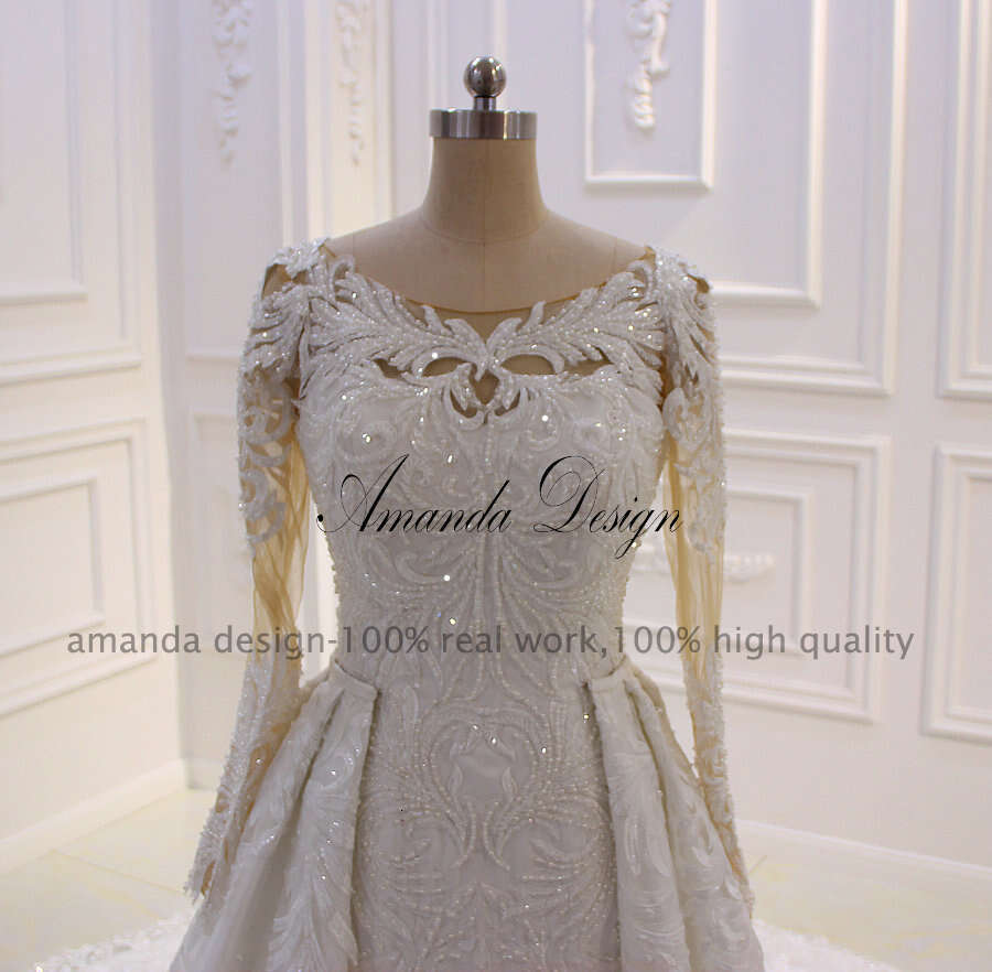 Amanda Design gelik Long Sleeve Lace Appliqued African Wedding Dress with Detachable Skirt