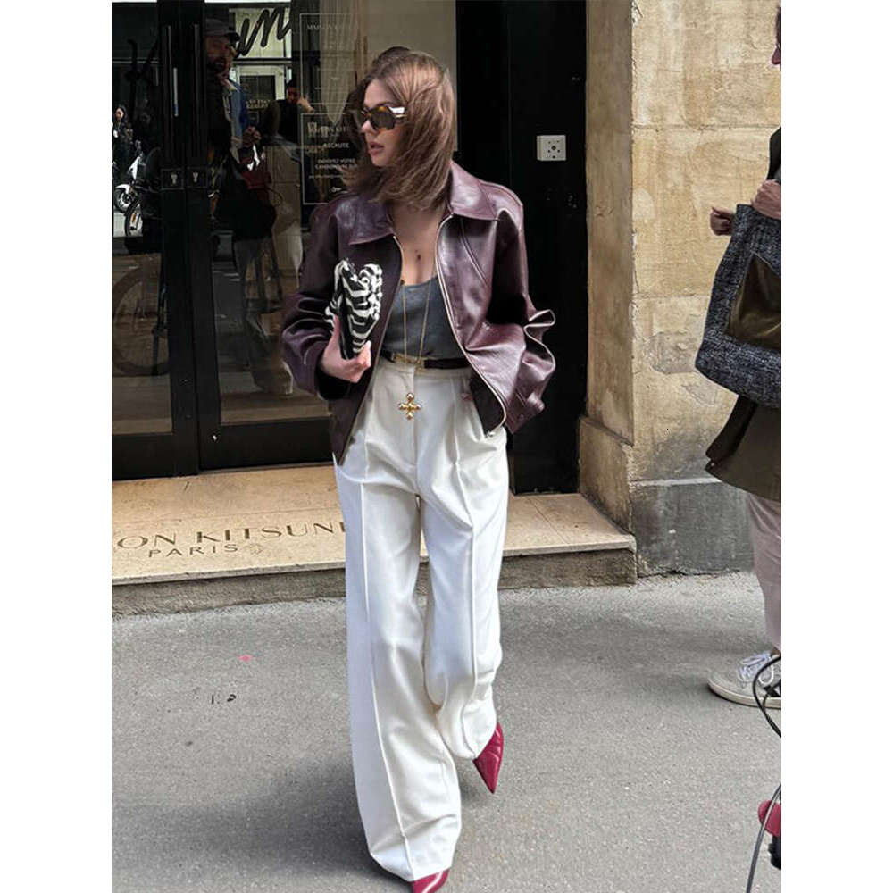 Vintage Leather Bomber Women Jacket O-Neck Zipper Pockets Female Coat 2024 Autumn Winter Fashion Long Sleeve Crop Lady Outwears