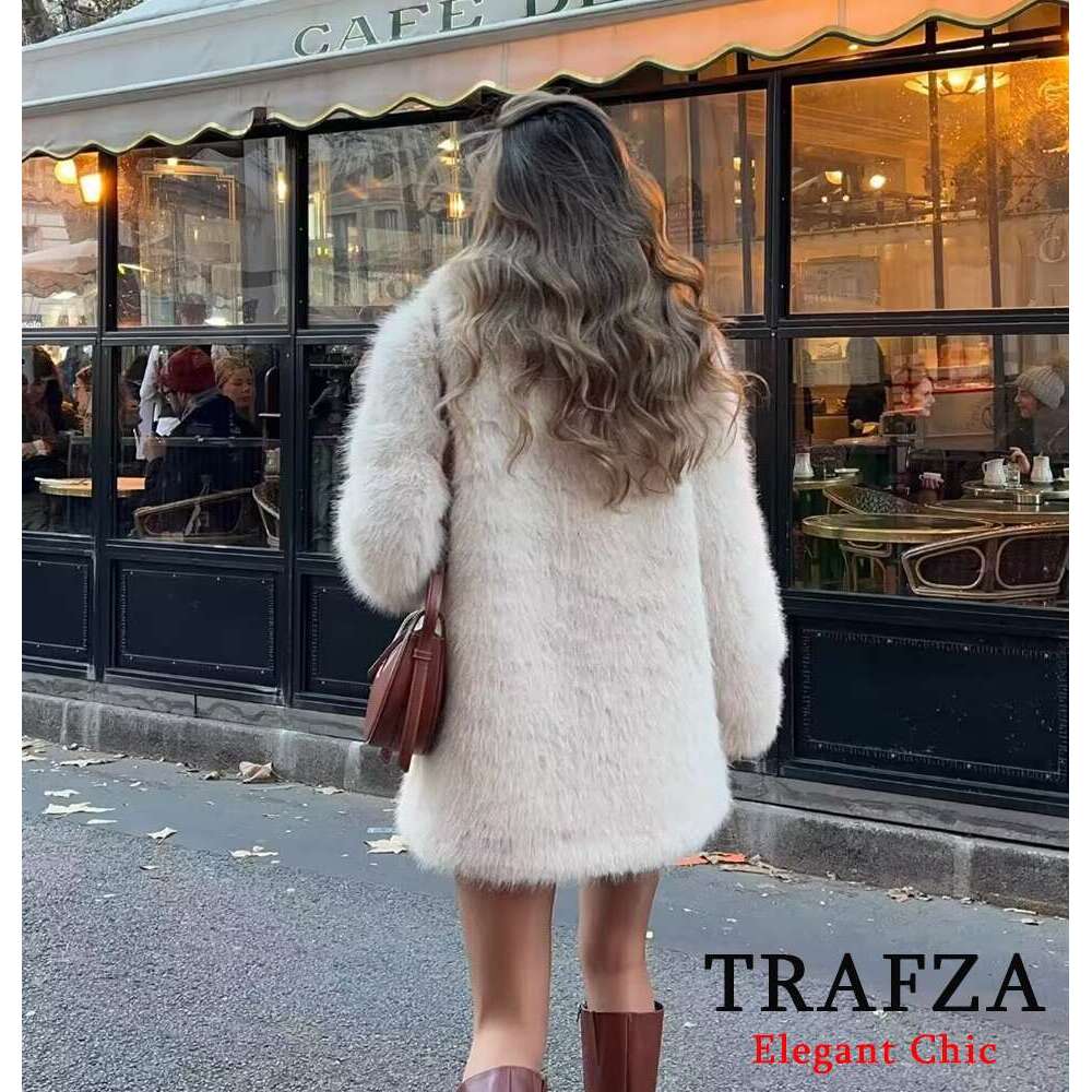 TRAFZA Elegant Loose Women's Lapel Jacket New 2024 Winter Fashion Glamorous High Street Faux Fur Coat