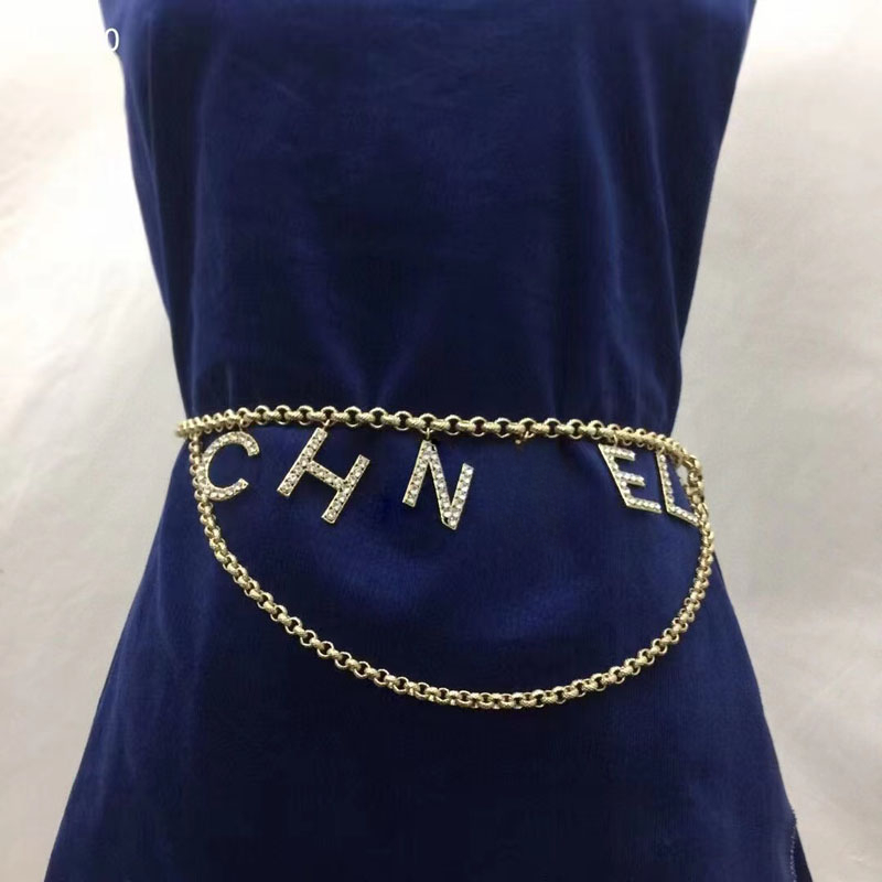 luxury letters designer waist chain belts women 18K gold shine crystal bling diamond letter link chains belt accessories box packing