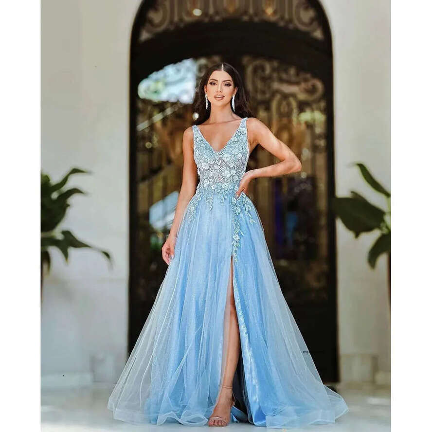Blue A-E Prom Sleeveless V Neck Straps 3D Lace Appliques Sequins Beaded Hollow Or Length Celebrity Side Slit Evening Dresses Plus Size Custom Made 043