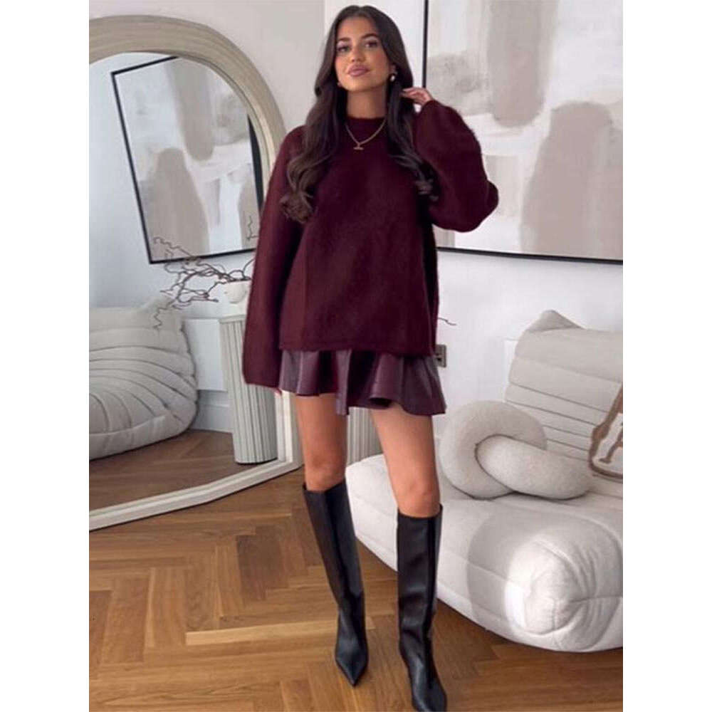 Fashion Ancora Red Mohair Cashmere Pullover For Women Elegant Long Sleeve Loose Knitted Jumpers 2024 Lady Chic Streetwear New