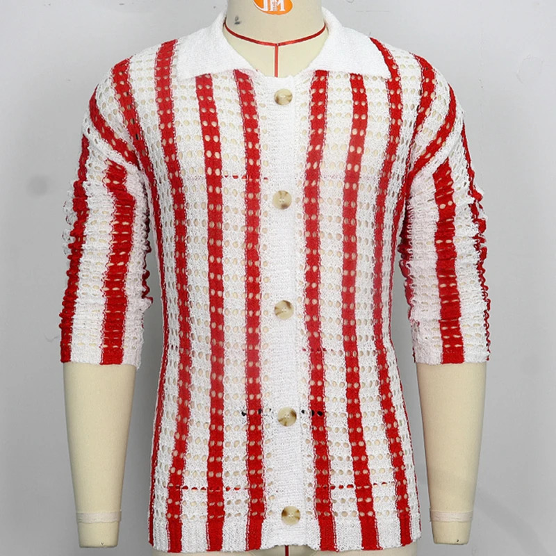 Mens Sweater Clothing European and American Fashion Casual Hollow Woven Knitted Versatile Striped Cardigan 241024