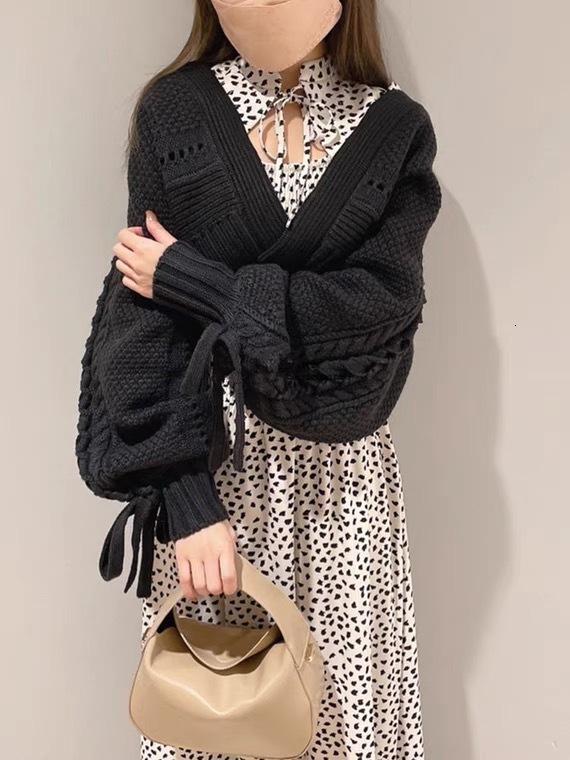 Small Shawl Women S Autumn And Winter New Product Knitted Cardigan Jacket Short Style Twisted Flower Solid Color V Neck Sweet Tie F1028#32