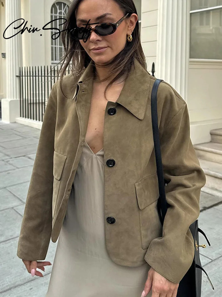 Retro suede solid jacket womens short lapel single chest long sleeved pocket jacket womens autumn city womens jacket 241025