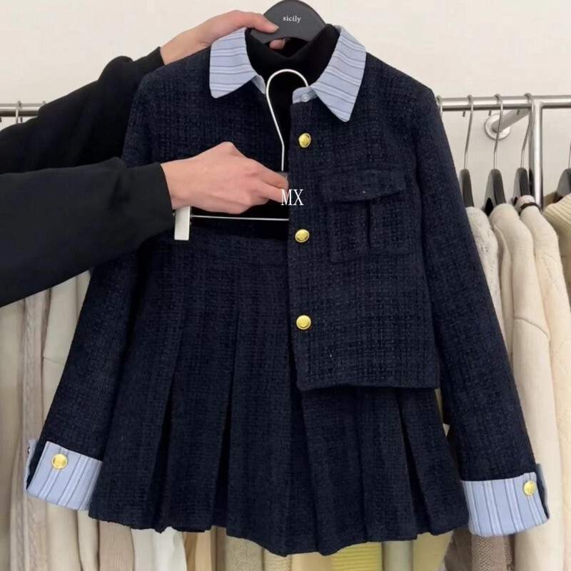 winter set for women 2024 new plus size women's clothing korean version fashionable small fragrant style jacket versatile pleated skirt twopiece 