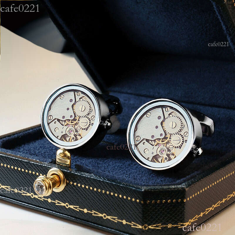 Designer Cufflinks Time Runs Cufflinks Men's High-end Gift French Shirt Cufflinks Suit Clockwork Movement Cufflinks Gun Black Glass Cover Style Fashion Jewelry