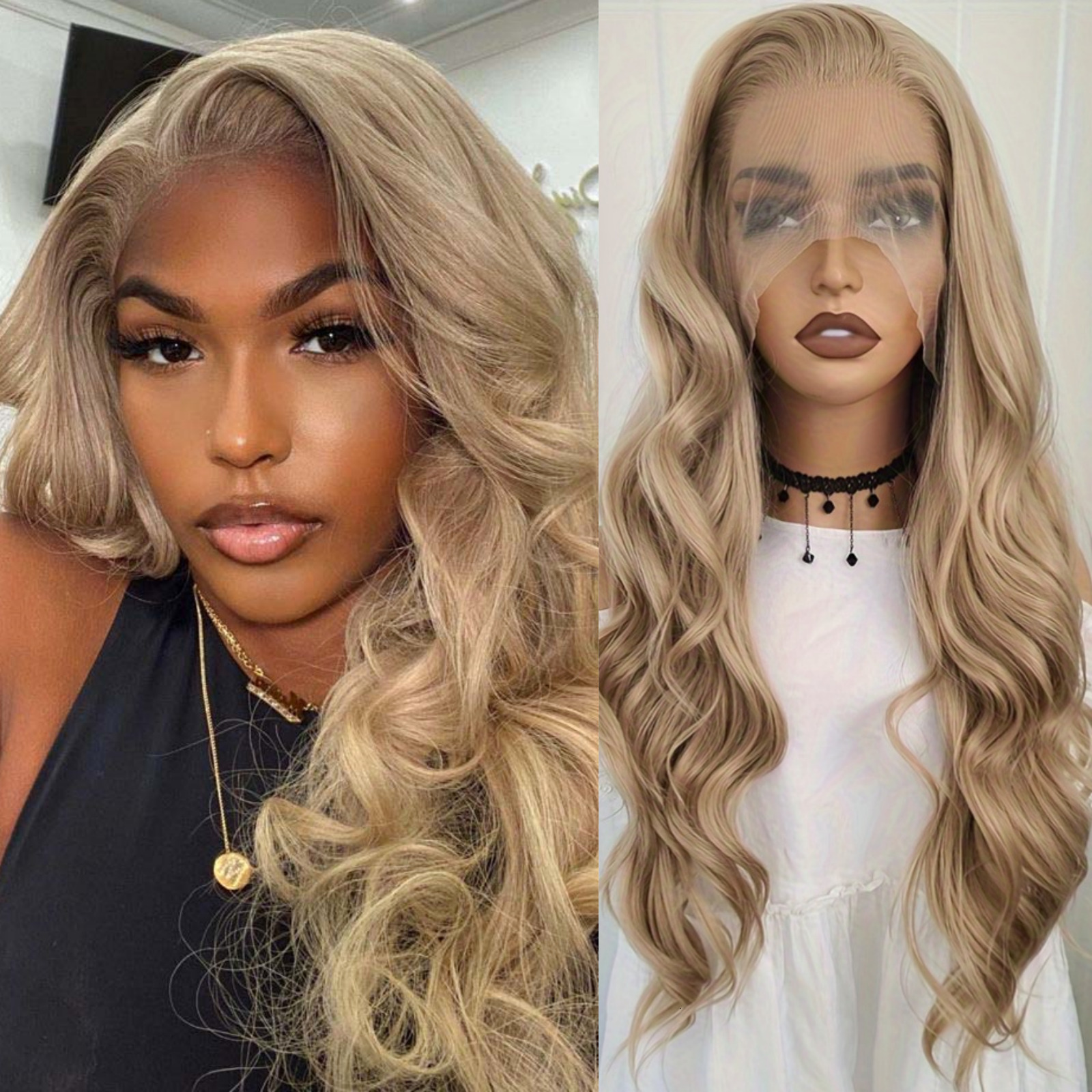 Ash Brown Front Wig Synthetic Hair Loose Body Wave Long Blonde Curly Natural Wavy Colored 13X4 Lace Frontal Wigs for Women