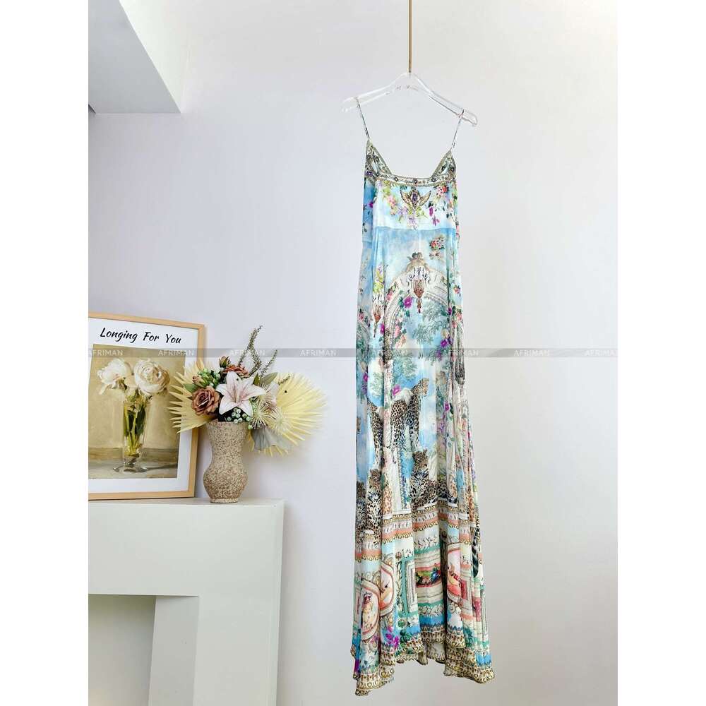 Women Sexy Strapless Cross V Neck Crystal Beaded Retro Wer And Animal Print 100% Silk Long Sg Dress