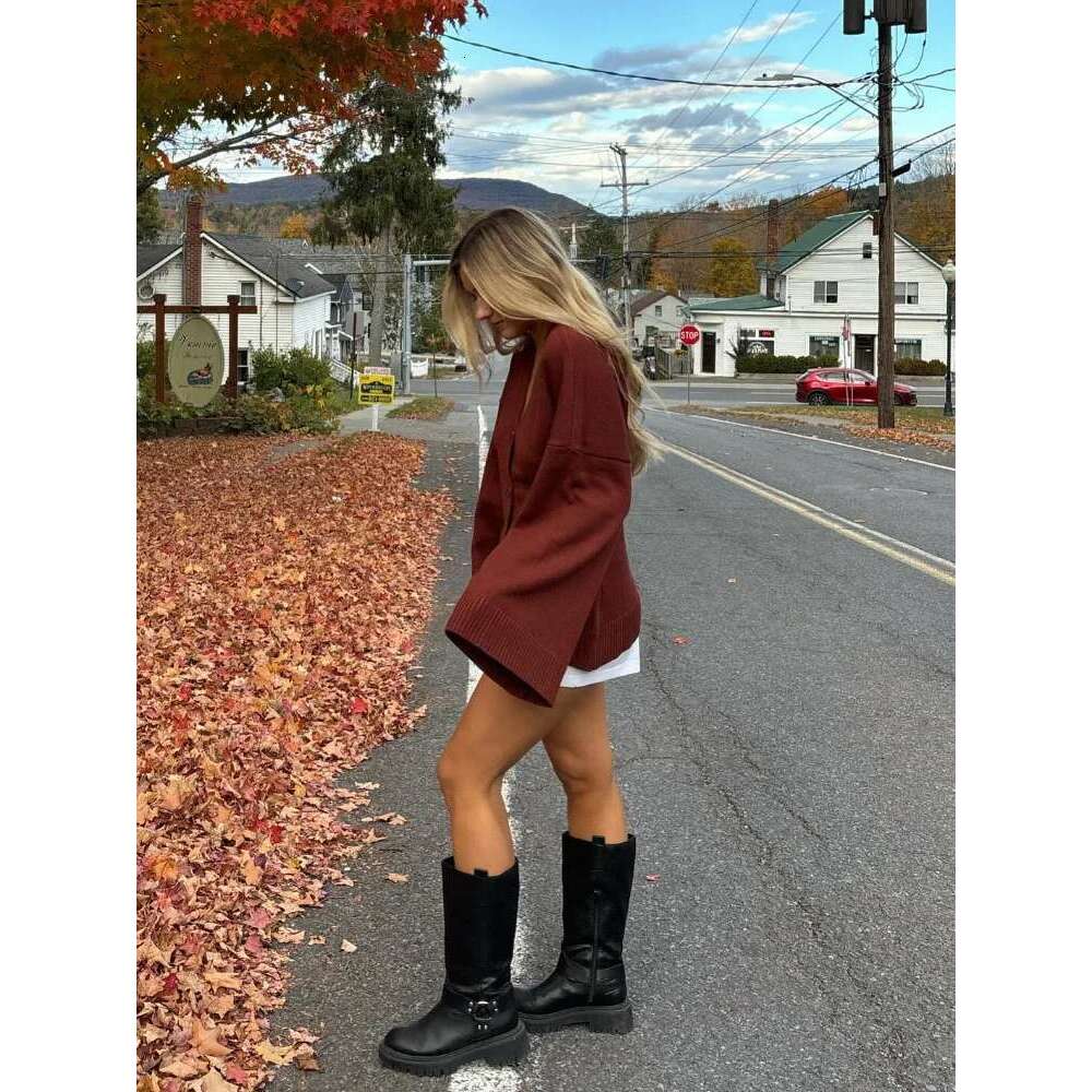 2024 Elagant Solid V Neck Knitted Cardigan Women Chic Single Breasted Long Pagoda Sleeve Sweater Autumn Lady High Street Jumper