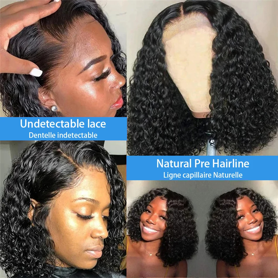 4x4 Deep Wave Wig Front Human Hair Brazilian Remy 13x4 Water Curly Short Bob 180% Lace Closure Wigs For Women