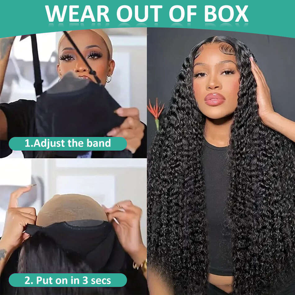 x Glueless Wig Deep Wave Lace Frontal Human Hair Inch Curly natural black Front Wigs For Women