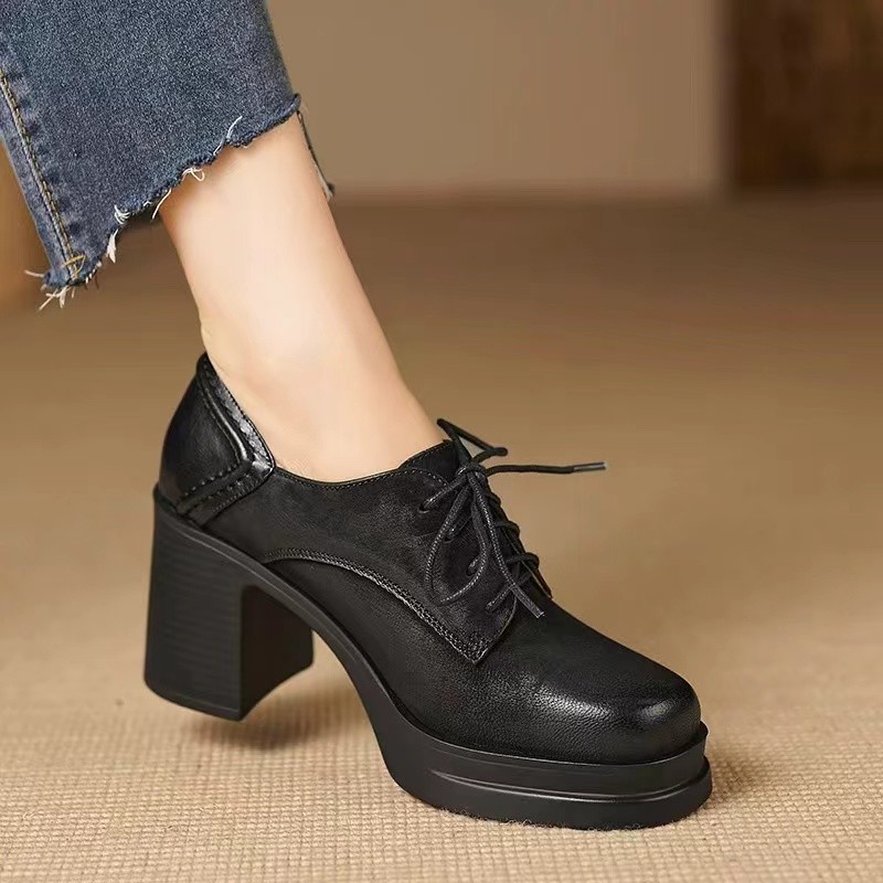 Women Fashion High Heel:Retro Style Chunky Heel Increase Height British Style Square Toe,Black/Brown,Free shipping