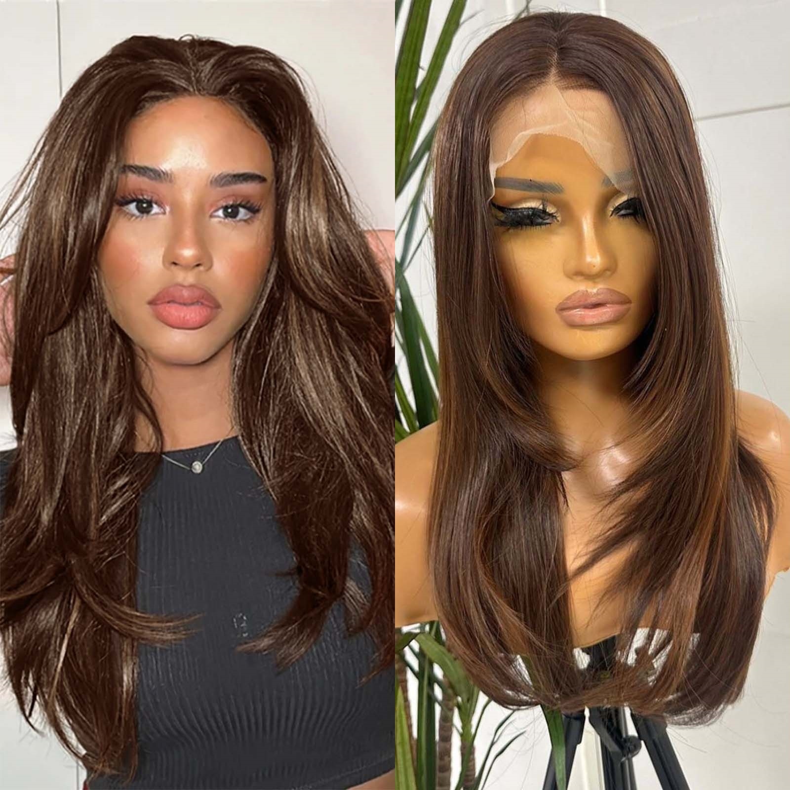 Mixed Brown Highlight Lace Front Wig Synthetic Hair Layered Straight Natural Wavy Brunette Colored 13X4 Frontal Wigs for Women