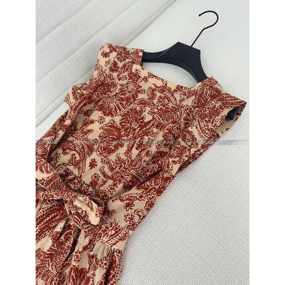 Women Vacation Style Ink Painting Orange Fragmented Wer Long Silk Dress With Belt