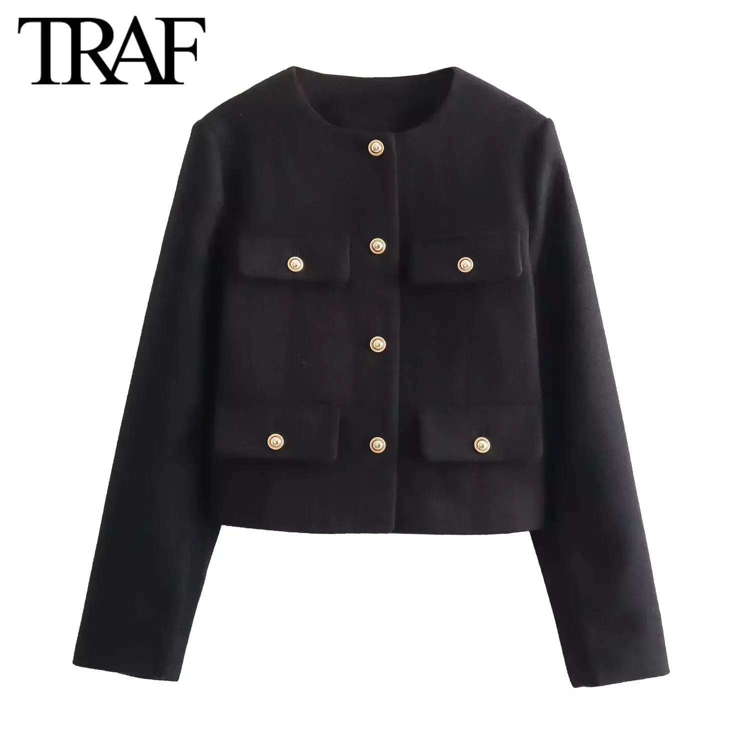 TRAF Women Fashion Autumn Winter Singlebreasted Textured Round Neck Flip Pocket Short Jacket Coat Chic Ladies Tops Mujer 241024