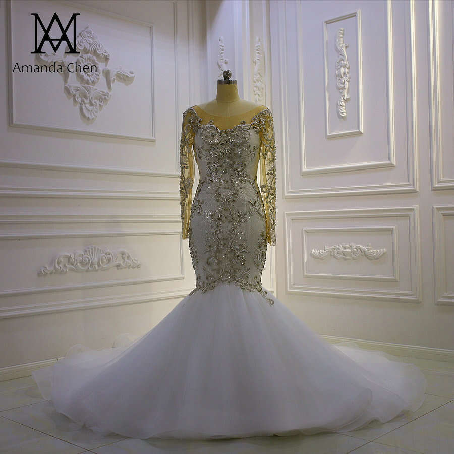 robe longue femme Long Sleeve Crystal Mermaid Wedding Dress
