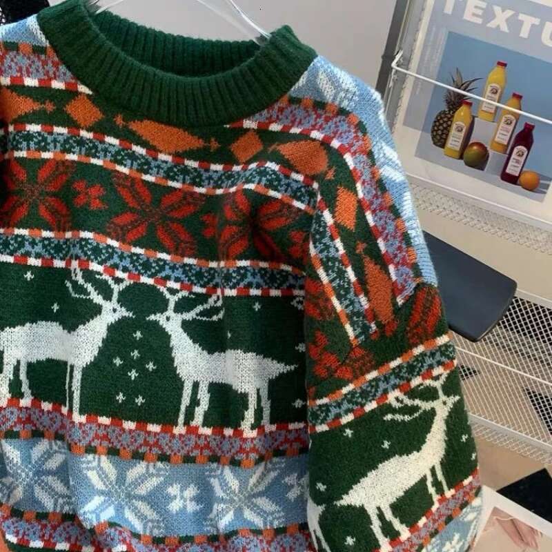 New High Street Christmas Dress Up Women Retro Deer Jacquard Autumn And Winter Loose Lazy Style Men Sweater Y2k Clothes