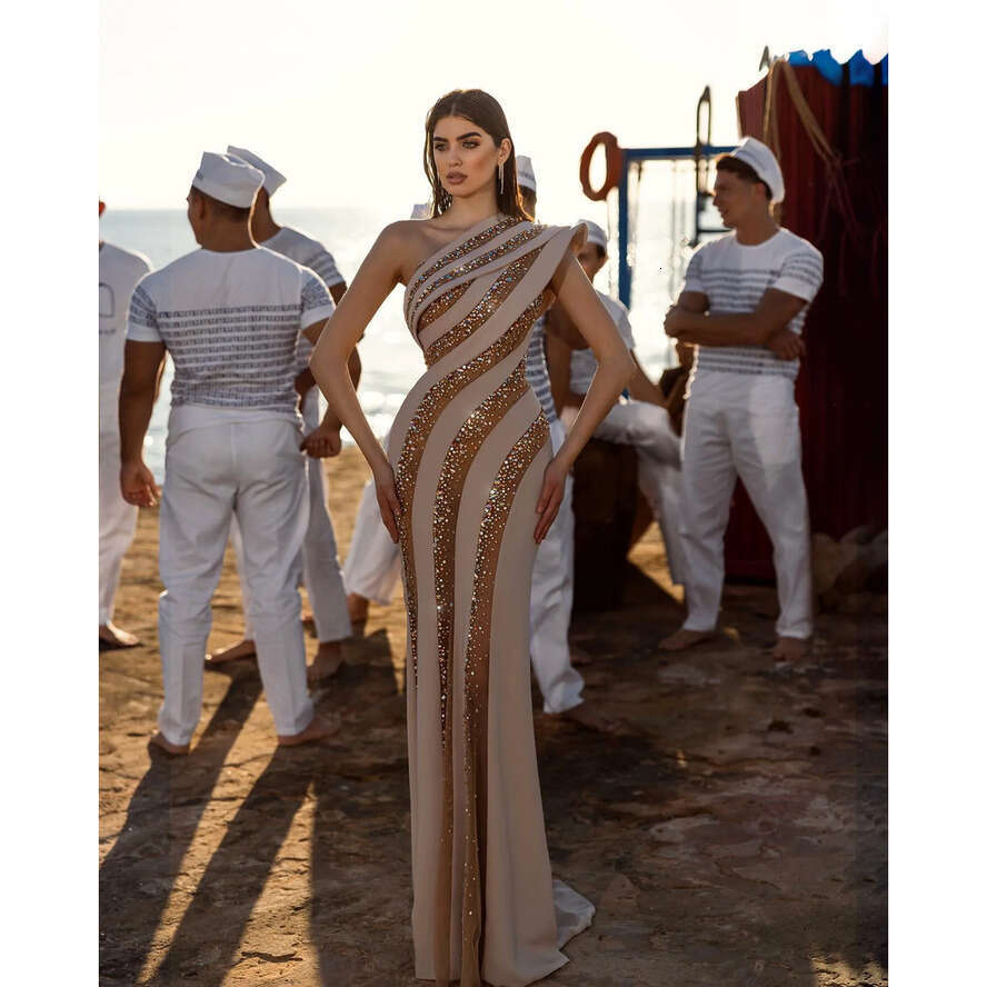 Champagne Evening One Shoulder Illusion Beads Formal Party Prom Dress Red Carpet Long Dresses For Special Ocn 0515