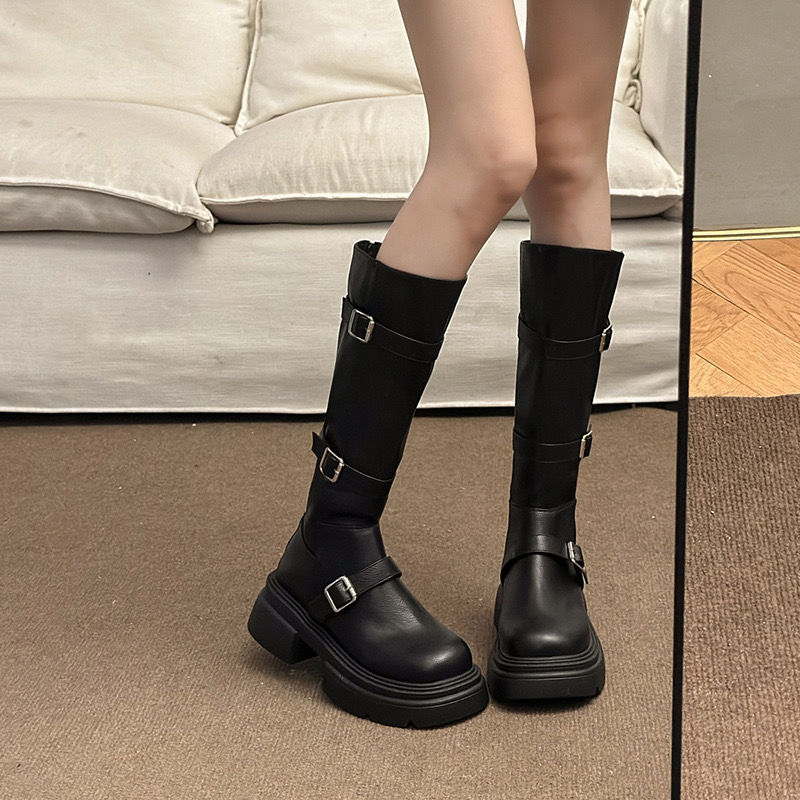 natural Women's suede leather chunky heel platform metal buckle punk female autumn New knee high side zip knight boots shoes