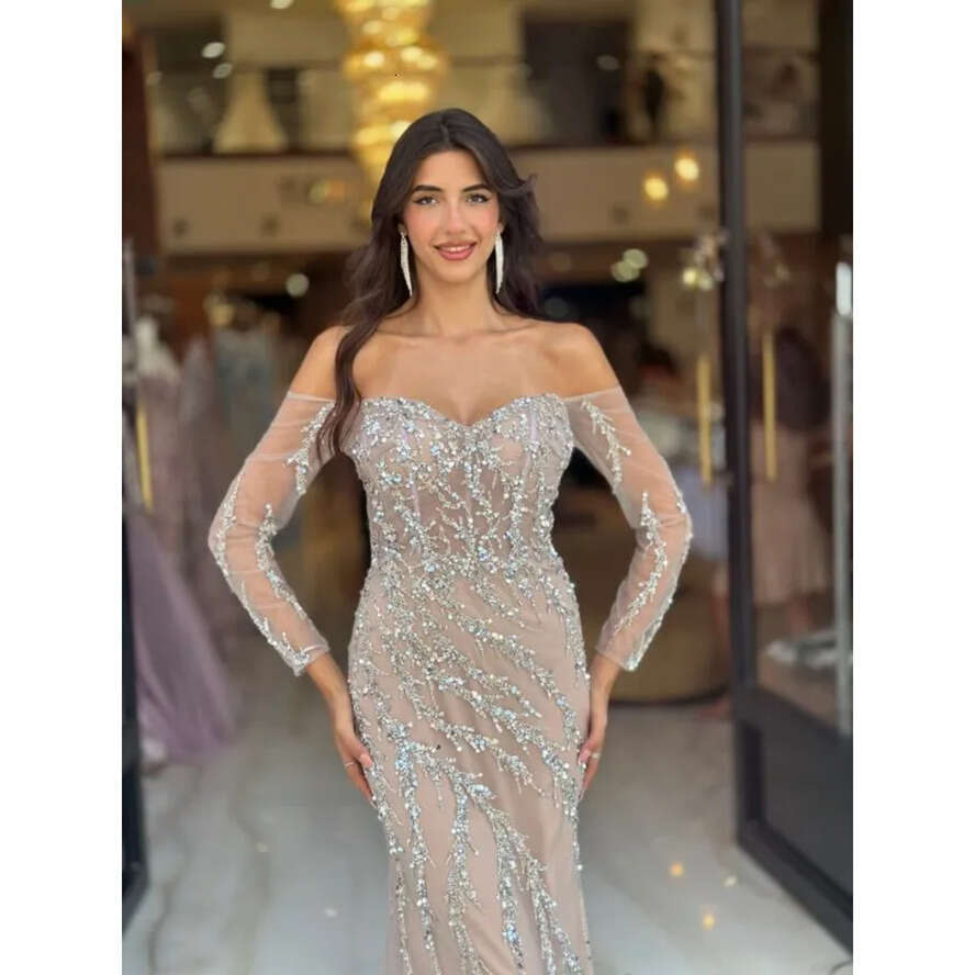 Elegant Mermaid Prom Dresses Off Shoulder Crystal Evening Sleeves Formal Long Special Ocn Party Dress 0515