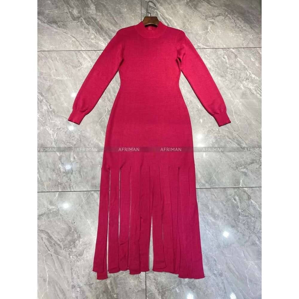 Women High Neck Sleeve Fringed Slim Long Knitted Dress