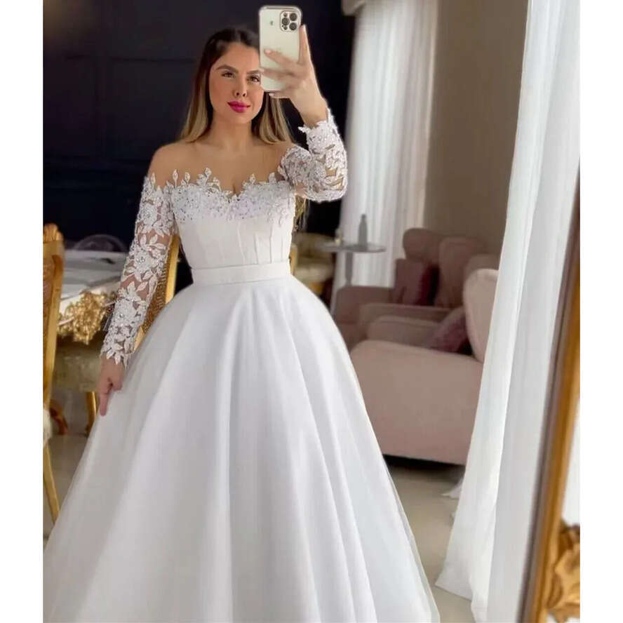 Sheer Neck A E Wedding Dresses 2024 Lace Appliques With Beaded Bridal Gown Pleat Puffy Skirt Robe De Mariage 0516