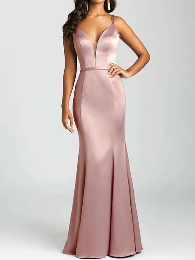 Long Mermaid Pink Evening V Neck Spaghetti Sleeveless Elegant or Length Satin Prom Dress with Pleats for Women