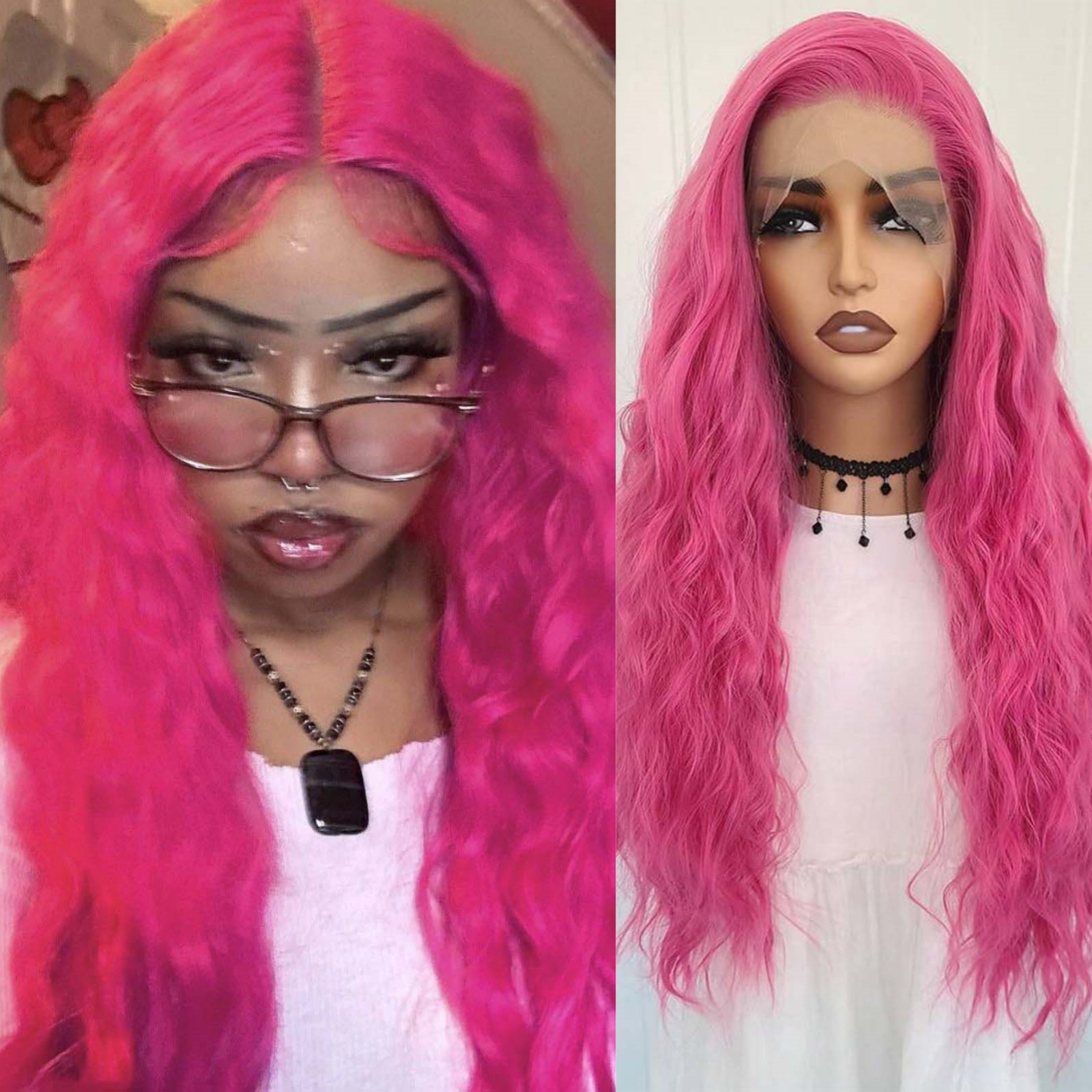 13X4 Rose Red Curly Synthetic Front Wig Natural Wavy Long Hot Pink Colored Hair Lace Frontal Wigs for Women Party Daily